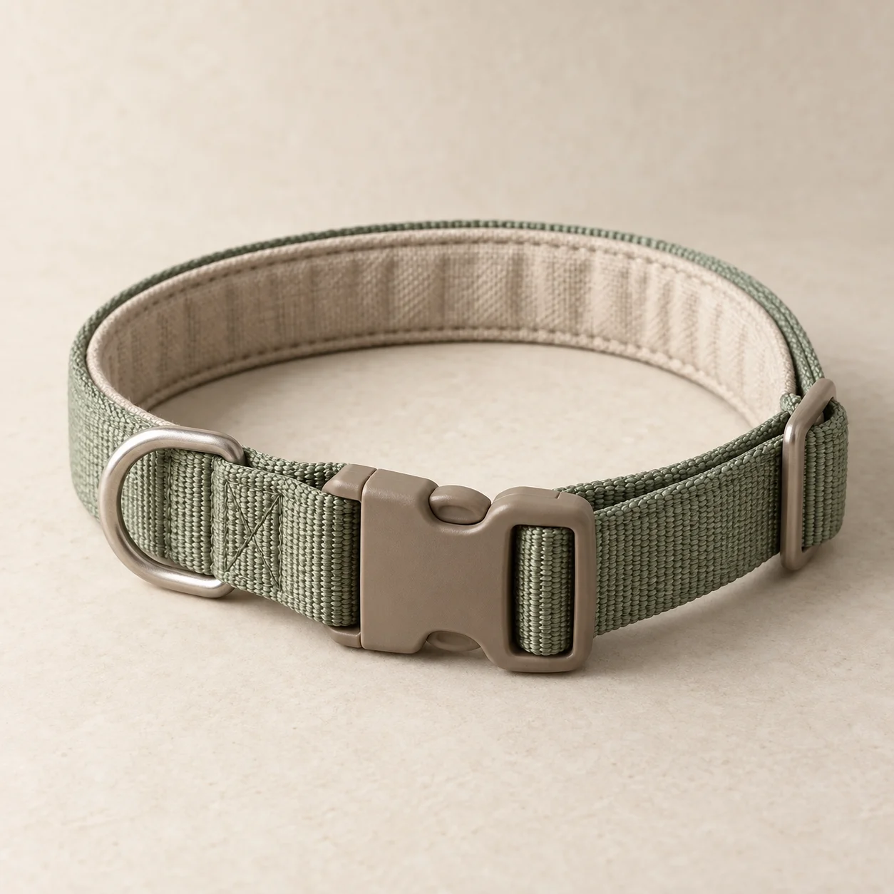 Sage green woven collar with soft lining and taupe buckle
