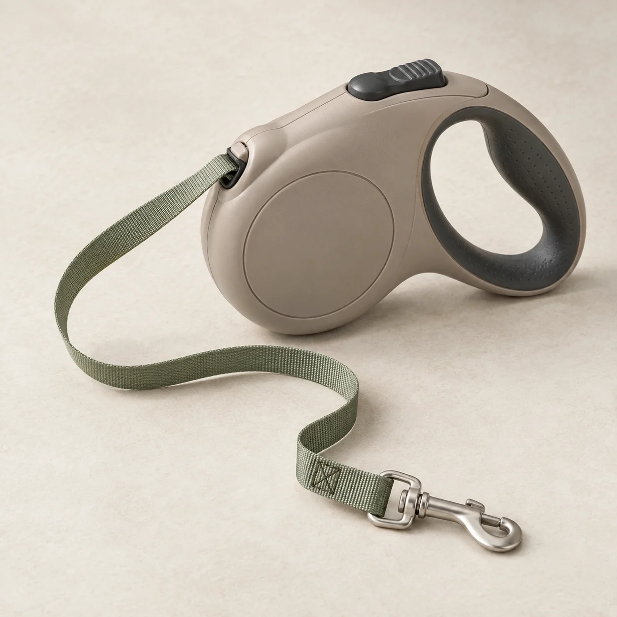 Taupe retractable leash with sage woven tape and metal clip
