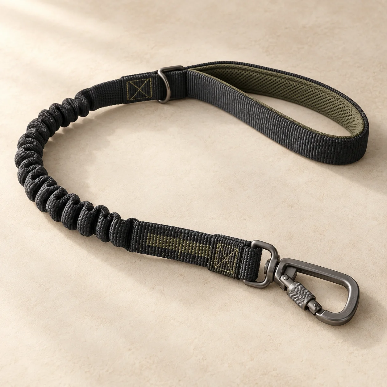 Charcoal woven tactical leash with padded handle and locking clip